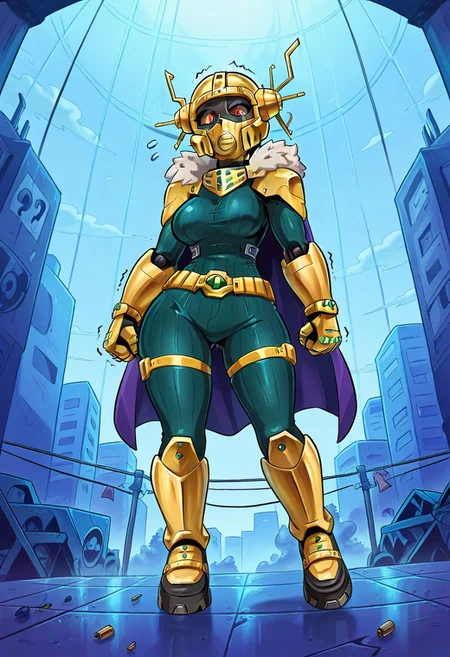 score_9,score_8_up,score_7_up,score_6_up,score_5_up,1girl, qu4ntum,front_view,symmetrical,(gold bodysuit),(jewels),gems, curvy,source_anime,my hero academia,toga_himiko,short hair, boku_no_hero_academia,blonde_hair,yellow_eyes,(twin_buns), (symbol-shaped_pupils),x-shaped_pupils,+++,(gold bracalets), (spiked bracalets),(round gems),claws,metal gauntlets,fur-trim cape,leather boots,print ribbed bodysuit,gem_\(symbol\),sci-fi, factory,forest,mossy wall,(mosaic_pattern in wall),(stage lights), abandon factory on background,electric cables,floating,spiked rocks,debris,(dust clouds),flying soda can,(destroyed machine),(cables),TV screen,security_camera,(multicolored gold helmet), clockwork,(round helmet),thigh straps,print gems,traffic lights, traffic signs,yellow diamonds,gold necklace with jewels,storm, holding gold orbs,weapon,gold belt with gun case,(bullet belt),(orbs:1.6),(gas_mask),(jewelry:1.4),(tattoos;1,4),floating drops of oil,(oild puddle),(armored shoulders),(yellow lights),(print neon lines on bodysuit),(wide hips),(thick thighs),(thick legs),perfect hands,(hand signs),(rings with gems),(motion lines:1.4),(sweat), ??,(trembling lines:1.4),(flying sweatdrops:1.4),(dark sclera:1.4), (illustration),(thick outlines),(glowing eyes),(destroyed robots), mechanical arm,broken window,(posters),(graffittis),rusty stairs, masterpiece,best quality,newest,source_cartoon,(best shadow),
highly detailed background,detailed skin,very detailed clothes, <lora:add-detail-xl:1.5>