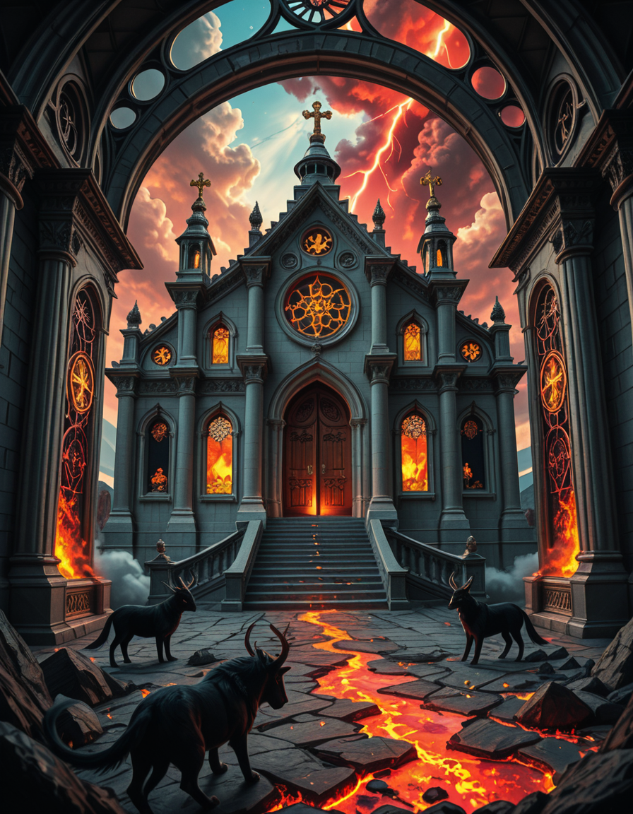 A once-majestic celestial temple, now under siege by the forces of Hell. The grand white stone structure is cracked and scorched, its golden crosses twisted and broken. The stained-glass windows, once glowing with warm divine light, are now shattered, with demonic symbols glowing ominously in their place. The sky, once a serene blue, is now consumed by dark storm clouds, swirling with red lightning and thick smoke.
Black, jagged chains extend from the sky, wrapping around the temple as if trying to pull it down into the abyss. The once-fluffy clouds beneath the structure are now a chaotic mix of fire, ash, and dark mist, with glimpses of molten lava cracks below. Infernal creatures with glowing red eyes lurk in the shadows, their silhouettes barely visible through the smoke and fire.
The temple doors are blown open, revealing an eerie red glow emanating from within, as if Hell itself is consuming the sacred space. Massive demonic runes are etched into the stone, pulsating with an unholy energy. The entire scene is bathed in a deep crimson and orange glow, giving it an apocalyptic and nightmarish atmosphere.
Style & Lighting:
- Dark fantasy, highly detailed
- Dramatic, high-contrast lighting with fiery glows
- Cinematic composition, epic scale
- Strong use of shadows, embers, and atmospheric foghighly detailed and atmospheric view from inside a massive birdcage, large enough for a human to stand inside. The cage is made of ornate, aged metal bars with intricate Victorian-style patterns, curving elegantly towards the domed ceiling. Sunlight filters through the gaps between the bars, casting long, dramatic shadows on the wooden floor. Delicate vines and small flowers have begun to grow around the bars, adding a touch of nature reclaiming the space. The background beyond the cage is blurred, hinting at a lush garden or a mysterious, abandoned mansion. The ambiance is serene yet slightly melancholic, with warm golden light illuminating dust particles floating in the air. Soft feathers are scattered on the floor, adding to the sense of quiet abandonment. The perspective makes the viewer feel as if they are inside the cage, looking outward, surrounded by both beauty and confinement. The style is highly detailed and realistic, with a cinematic and slightly surreal atmosphere.
<lora:SDXLFaeTastic2400:0.4> <lora:extremely_detailed:0.4> extremely detailed 
<lora:evil_celestial_t3mpl3-i:1> evil celestial t3mpl3, Masterpiece,best quality,hi res,8k,hi res,8k,award winning,(sharp focus, intricate, highly detailed),