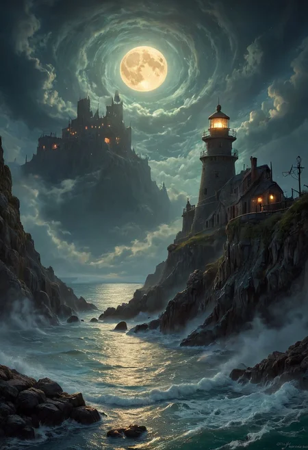 Under the eerie glow of a full moon, a dark and ominous landscape unfolds. A vibrant, colorful ship stands by the edge of a serene ocean, its vivid hues contrasting starkly with the foreboding atmosphere. In the background, a lighthouse stands atop jagged rocks, its light cutting through the darkness and reflecting off the ocean's surface, glistening in the moonlight. Thick, swirling clouds loom overhead, adding to the sense of an evil presence. The moonlight filters through the clouds, casting an otherworldly glow over the scene. A falling star streaks across the sky, adding a touch of mysticism to the night. The air is thick with a sense of ancient secrets and dark magic, as if the very night is alive with hidden power. romantic impressionism,dream scenery art,beautiful oil matte painting,romantic,style of thomas kinkade,beautiful digital painting,anime landscape,romantic painting,dreamlike digital painting,colorful painting,beautiful gorgeous digital art,style of greg rutkowski,janek sedlar,jenny saville