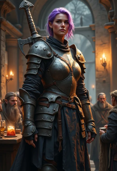 masterpiece, 8k, HDR, 3 D, best quality, photography, analog style, real life, extremely beautiful, (highly detailed, intricately detailed),
A beautiful photorealistic, towering female knight about 9 foot tall with a muscular build in medieval plate armor. She has a powerful presence and stands much taller than average. Her armor is heavily reinforced around her chest. There is an oversized greatsword on her back. She holds nothing in her hands. Despite how strong and muscular she appears, there is something cute about her face. She has short layered purple hair, and light purple makeup that matches her hair. She stands in a medieval tavern where people are chatting, drinking medieval drinks, and having fun. The objects and people in the background emphasize her massive height. She towers at least two feet taller than the people drinking and having fun around her. Peasants in medieval clothing can be seen in the background, these people are all fantasy medieval people of different species (half-elf, humans, dwarves) who are having a good time. The ambiance is warm and, relaxed, friendly.