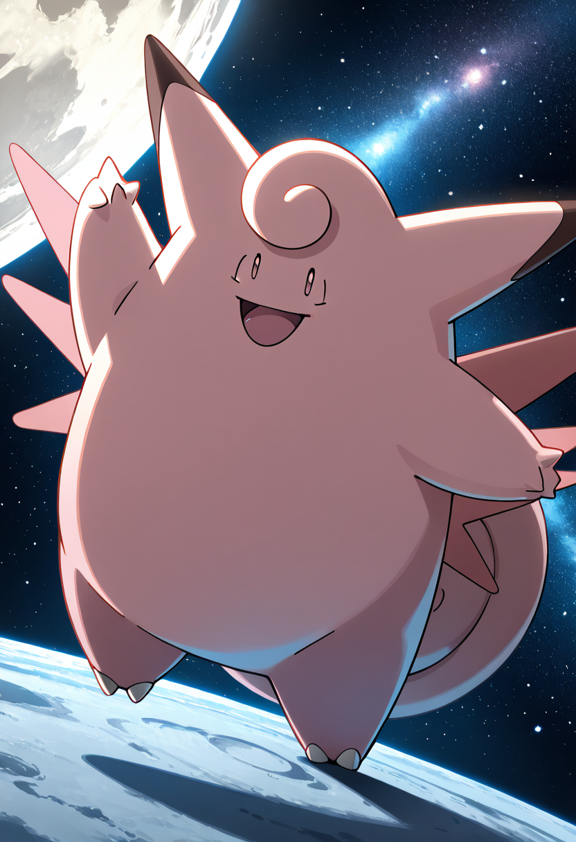 masterpiece, best quality, no humans, solo,    zzClefable, space, on the moon, dancing, happy,   ,<lora:ClefablePokedexIXL:1.0>,