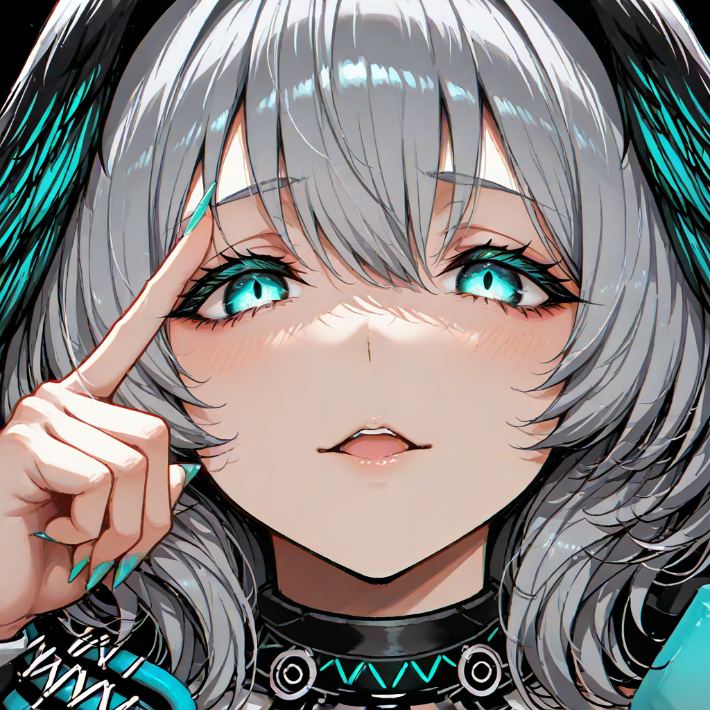 masterpiece, best quality, amazing quality, very aesthetic, absurdres, newest,\n\nabsurdres, highres, 1girl, aqua nails, black background, blunt bangs, close-up, coat, detached collar, fingernails, glint, glowing, glowing eyes, gradient hair, gradient wings, grey hair, hair between eyes, hand up, head only, head wings, index finger raised, looking at viewer, looking up, multicolored hair, multicolored wings, open mouth, portrait, shade, sharp fingernails, short hair, simple background, solo, upper body, wavy hair, wings