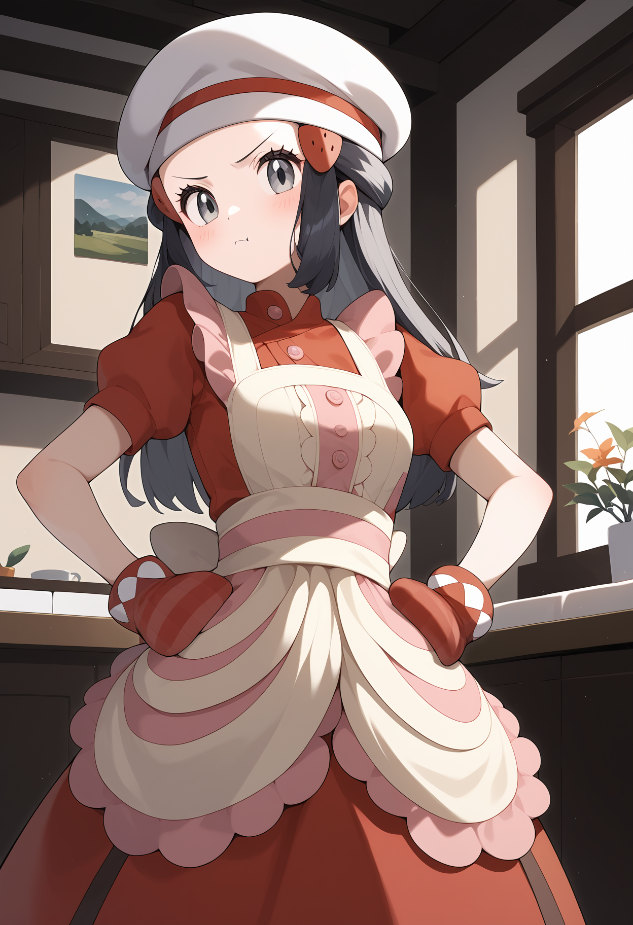 score_9, score_8_up, score_7_up, score_6_up, score_5_up, score_4_up, source_anime, aadawn, long hair, black hair, hat, white headwear, hair ornament, forehead, grey eyes, breasts, red dress, short sleeves, red mittens, apron, buttons, <lora:dawn_(pokemon)_ponyxl_v1:0.9>, indoors, standing, cowboy shot, hands on own hips, pout,
