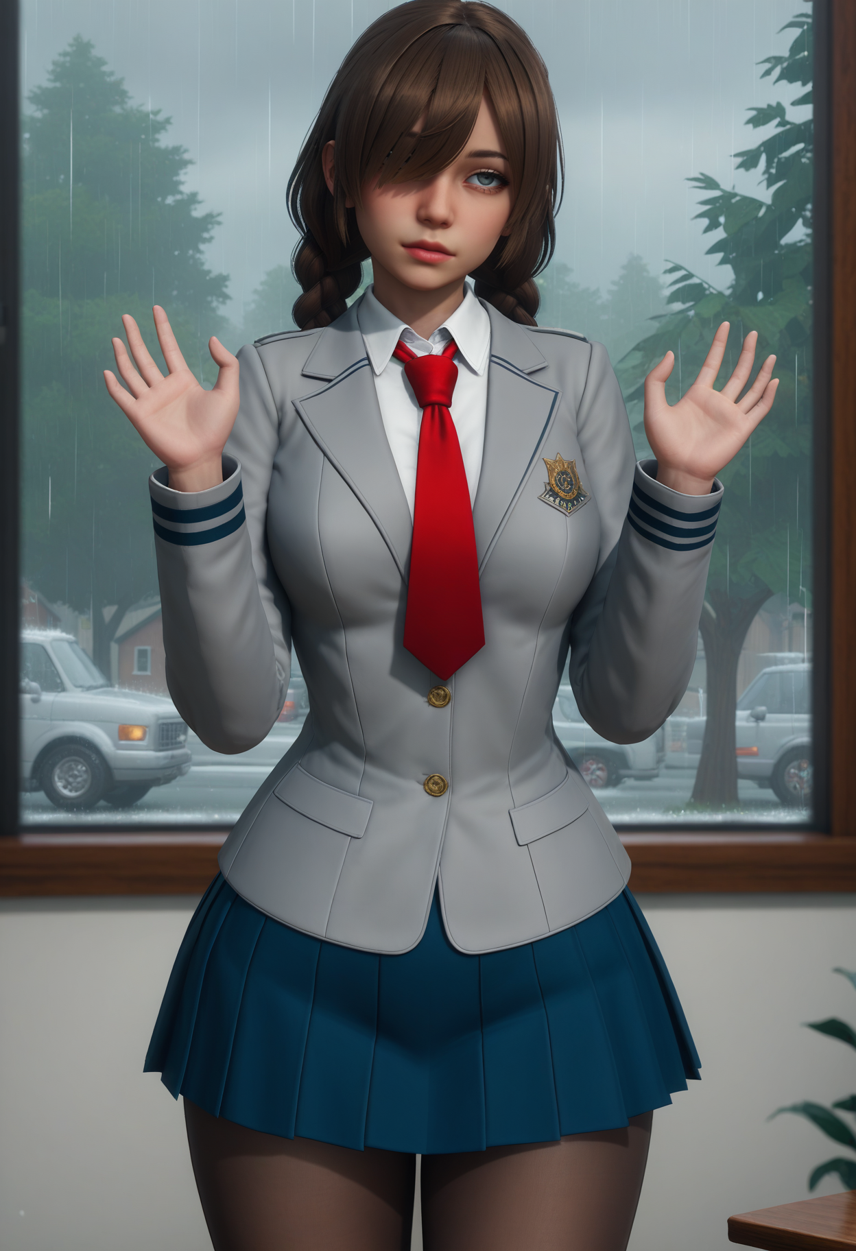 score_9, score_8_up, score_7_up,
1girl, solo, school uniform:grey jacket:blue skirt, black pantyhose, red necktie. twin braids:hair over one eye,
indoors, window, rain, tree, dark, standing, contrapposto, hands up, shrugging, head tilt, looking to the side, talking, thighs, very wide shot, depth of field, 
 <lora:Dark_Dalia_Pony_v1.0:0.75> d4rkd4l14,