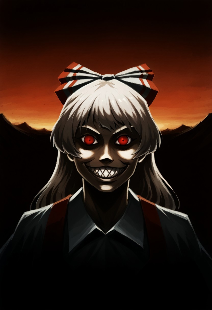 score_9, score_8_up, score_7_up, score_6_up, 
BREAK, touhou, fujiwara no mokou, female, BREAK,
watercolor painting, (framed) 
(fujiwara no mokou:1.3), (albino:1.1), white shirt, (white skin), white hair, very long hair, hair bow, (red suspenders:1.3) , tomboy, 
BREAK,
alone,  evil smile, Sinister_Smile, shadow on the face, Red_Eyes, ,Macabre, Terror, Menacing_Smile, sharp teeth, Disturbing_Expression, Grotesque_Style, Red_Sunset, Desert_Landscape, Orange_Sky, Mountain_Silhouettes, Painting, Intense_Colors, Dark_Contrast