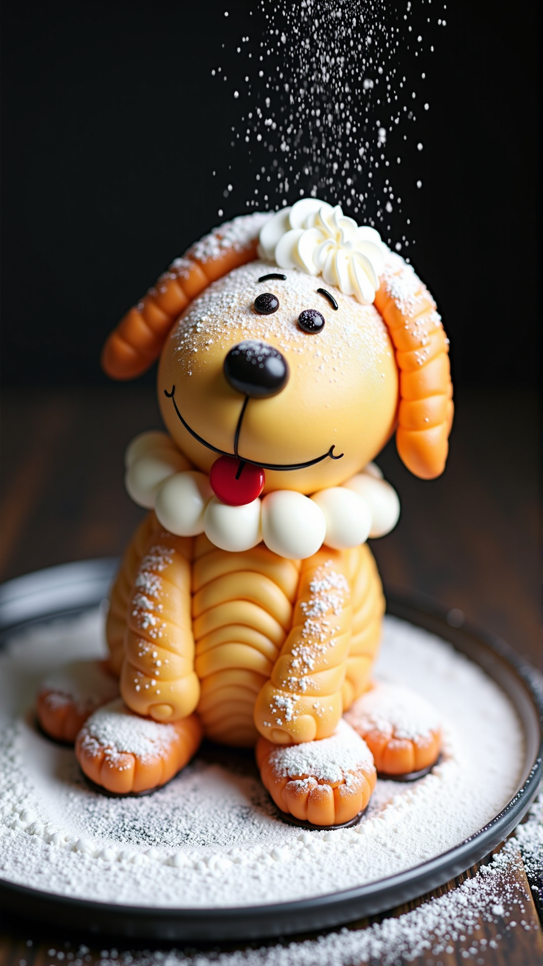 A photo of a SemlaStyle Snoopy made entirely out of semla which made out of wheat material with whipped cream and with powdered sugar on top. Food craft.<lora:SemlaStyleFlux:1>