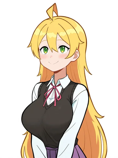masterpiece, best quality, amazing quality, very aesthetic, high resolution,
gns1s1r, 1girl, solo, blonde hair, very long hair, green eyes, ahoge, white shirt, black sweater vest, neck ribbon, collared shirt, long sleeves, purple skirt, pleated skirt, big breasts, looking at you, smile,white background, upper body, happy
<lora:gnsisir_style_v2_epoch_7:0.9>,