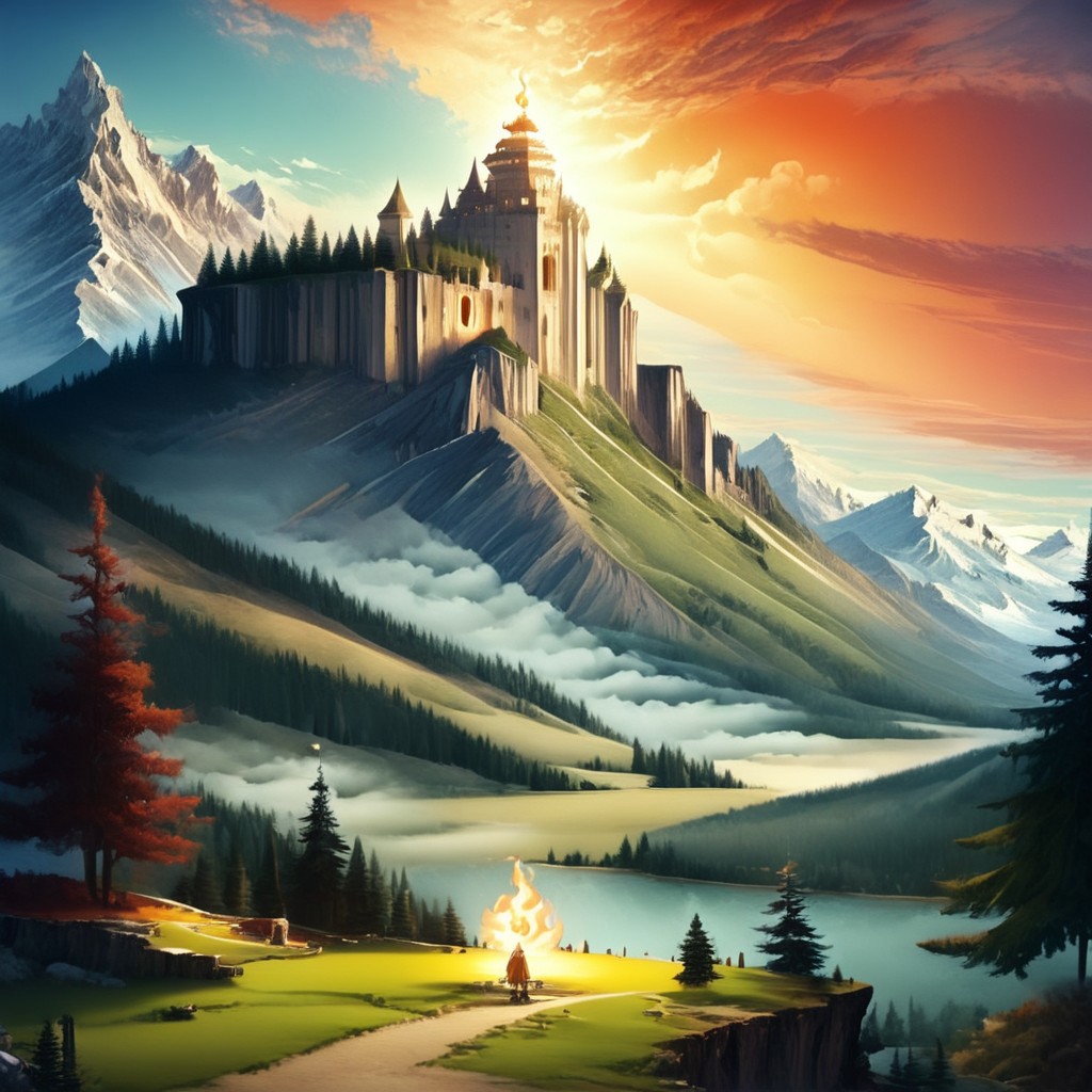 score_9, score_8_up, score_7_up, masterpiece, very high quality, giant WC-pot, WC-pot towering above mountains, mountains, trees, flaming sun, surreal feeling, in the style of david-wiesner, epiCPhoto, epic landscapes, fantasybg