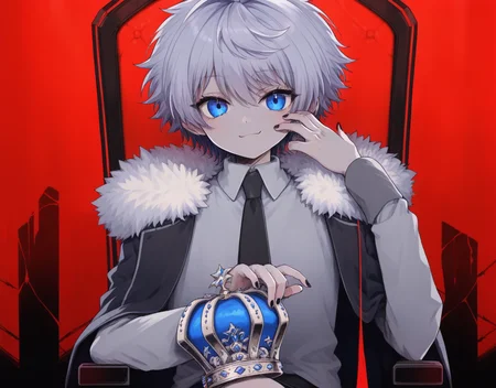 score_9,score_8_up,score_7_up,score_6_up,source_anime,masterpiece,best quality,high-detailed,Ray Tracing BREAK <lora:KING:0.8>,kingstyle,1boy,male focus,crown,solo,looking at viewer,black nails,sitting,necktie,fur trim,nail polish,shirt,collared shirt,long sleeves,smile,holding,coat,chair,upper body,killuazoldick,1boy,solo,male focus,white hair,blue eyes,shirt,long sleeves,layered sleeves,spiked hair,short over long sleeves,white shirt,short hair,short sleeves,bangs,turtleneck,blue shirt,grey shirt,
<lora:Killua:1>,<lora:StS_age_slider_v1_initial_release:-4>,