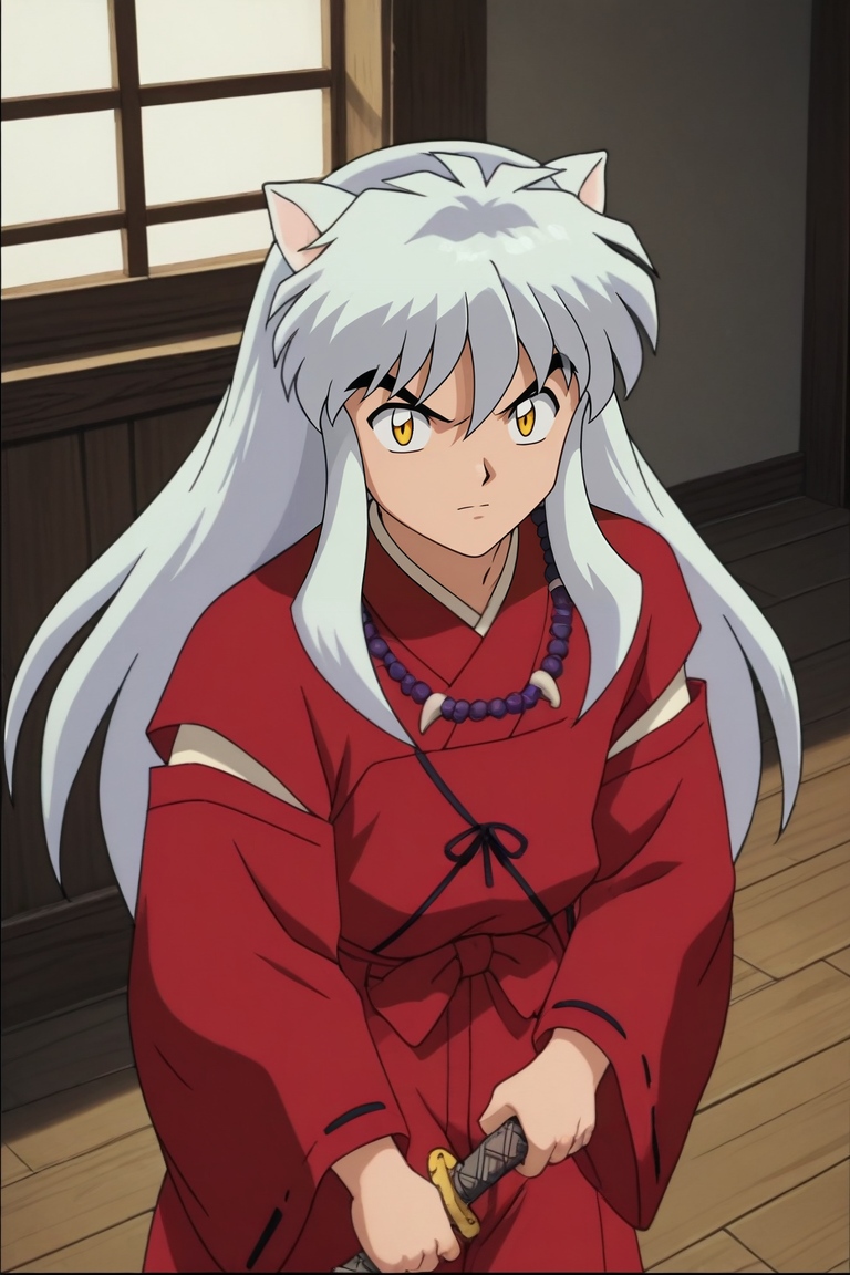 score_9, score_8_up, score_7_up, source_anime, rating_safe, , anime screencap, anime coloring, , looking at viewer, , 1boy, solo, male focus, <lora:inuyasha_pony:0.96>, inuyasha, white hair, yellow eyes, long hair, animal ears, dog ears, , necklace, jewelry, weapon, sword, , , holding weapon, , from above, dock, indoors, dark, w arms, :\3, , <lora:sdxl_lightning_8step_lora:1>