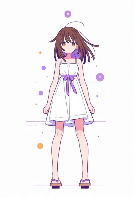 Flatline, Flat vector illustration, looking at viewer, full_body,
nadeko, long hair, long bangs, brown hair, white dress, sundress, ribbon, bare shoulders,
slim, slender, knees, long legs, beautiful legs, barefoot, geta wooden sandals,
from front, front view, straight-on, look at viewer, standing, (legs apart:1.4),
white background,