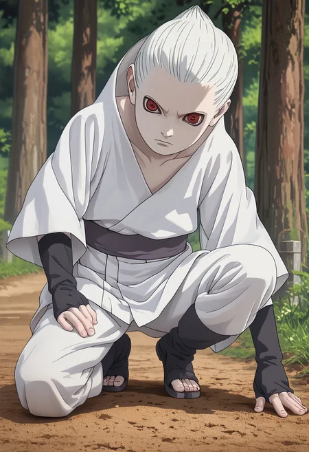 score_9, score_8_up, score_7_up, 1boy, solo, cute boy, Shin Uchiha, Pale Skin, White Hair, White Kimono, Fingerless Glove, Open Toe Footwear, 3 Tomoe Sharingan, Sharingan Eyes,