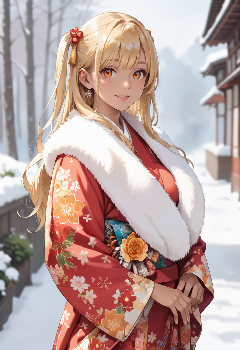score_9, score_8_up, score_7_up,source_anime, masterpiece, best quality, perfect anatomy, very aesthetic, ((outlined outlined vector graphics)), cute face, (glow eyes:0.8), ,  looking at viewer  ,beautiful scenery,1girl,25yo, (focus female),  
20yo, (large breast:1.2), orange eyes, (blonde hair:1.3),long hair, (two side up:1.1), (dark skin:1.6), dark skin girl, (tall:1.2),bangs
, silver fur ,  red kimono, furisode, furisode-with-fur , smile ,  open eyes , clothed,winter   , flowers , floral pattern <lora:furisode-with-fur-pony-01:1>