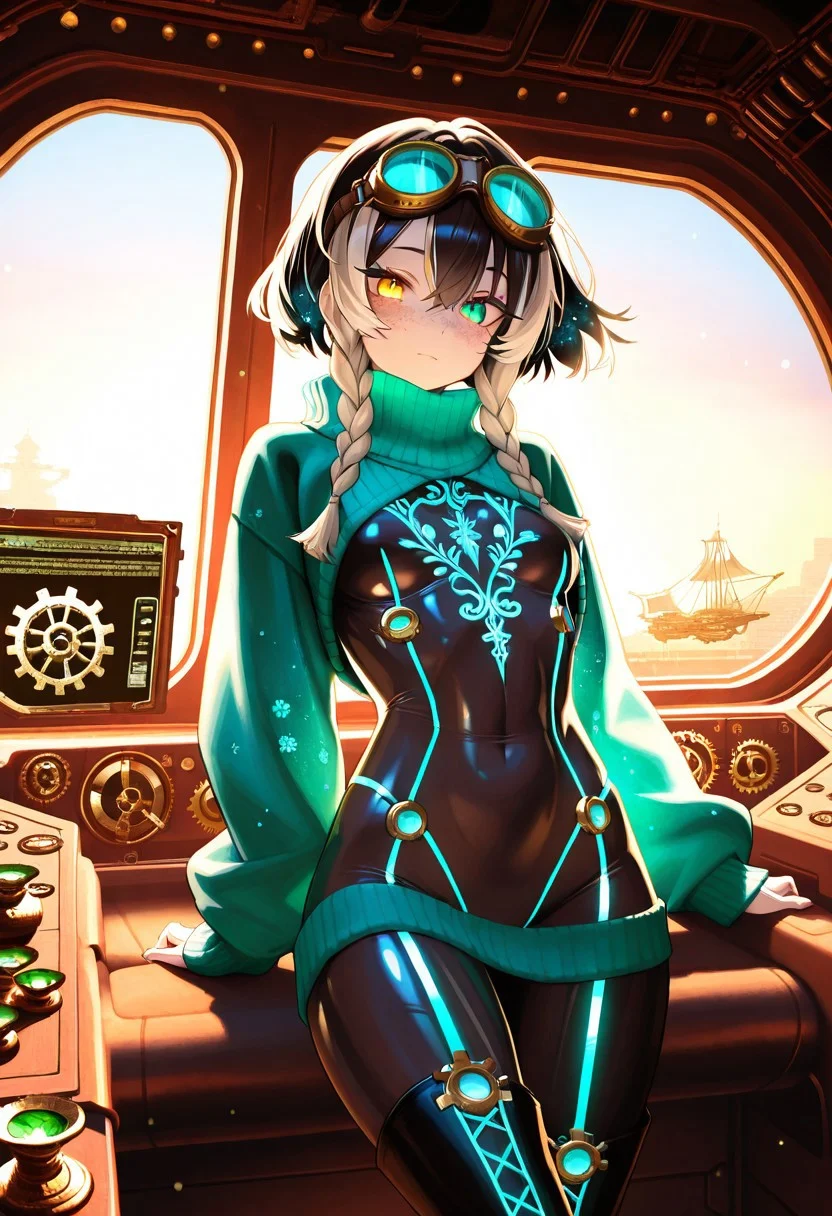 (masterpiece, best quality, ultra-detailed:1.3), RAW photo, 8K UHD, 
1girl, {{`vibrant emerald eyes, sparkling reflections, mystical heterochromia (gold/azure), long eyelashes, deep sapphire eyes, starry highlights`}}, {{`silky platinum blonde hair, wind-blown strands, flowing crimson curls, sunlight gloss, raven black hair with silver streaks, intricate braids`}}, {{`porcelain skin with freckles, soft natural glow, sun-kissed olive skin, dewy texture, ethereal luminescent skin, subtle glitter`}}, {{`slim hourglass figure, elegant posture, athletic toned body, confident stance, petite frame, delicate proportions`}}, {{`elegant silk gown with floral embroidery, futuristic cyberpunk bodysuit (neon accents), cozy oversized sweater, thigh-high boots`}},
intricate details, cinematic lighting, soft bokeh, depth of field,
,
Floating crystal islands, sky kingdoms], [riding winged creature]
[Steampunk airship cockpit, gears and gauges], [piloting with goggles]