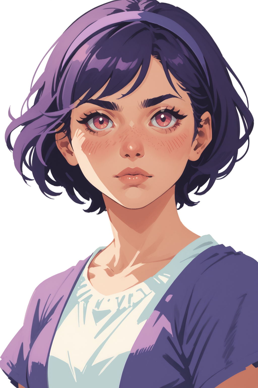 1girl, solo, hairband, short hair, purple hair, upper body, simple background, white background, purple eyes, purple hairband, :<, blush, looking at viewer, pink eyes, red eyes, shirt, jewelry, portrait, alternate costume, dress,, zPDXL3,  PnyCmicXLPOS, detailxl,  (lineless, vector art:1.5)
