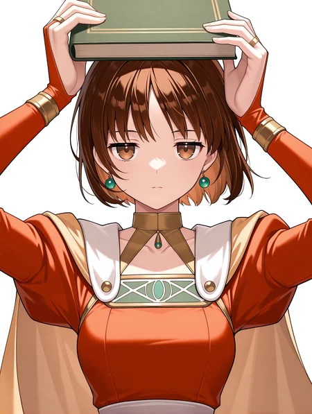 masterpiece,best quality,newest,
1girl,solo,
<lora:Elfir_Traum_ilxl_v1.2:1>,elfir_traum,short hair,brown hair,brown eyes,no headwear,e_clothes,bridal gauntlets,
<lora:Fixhands_anime_bdsqlsz_V1:1>,white_background,looking_at_viewer,jitome,holding book,upper body,object on head,expressionless,arms_up,