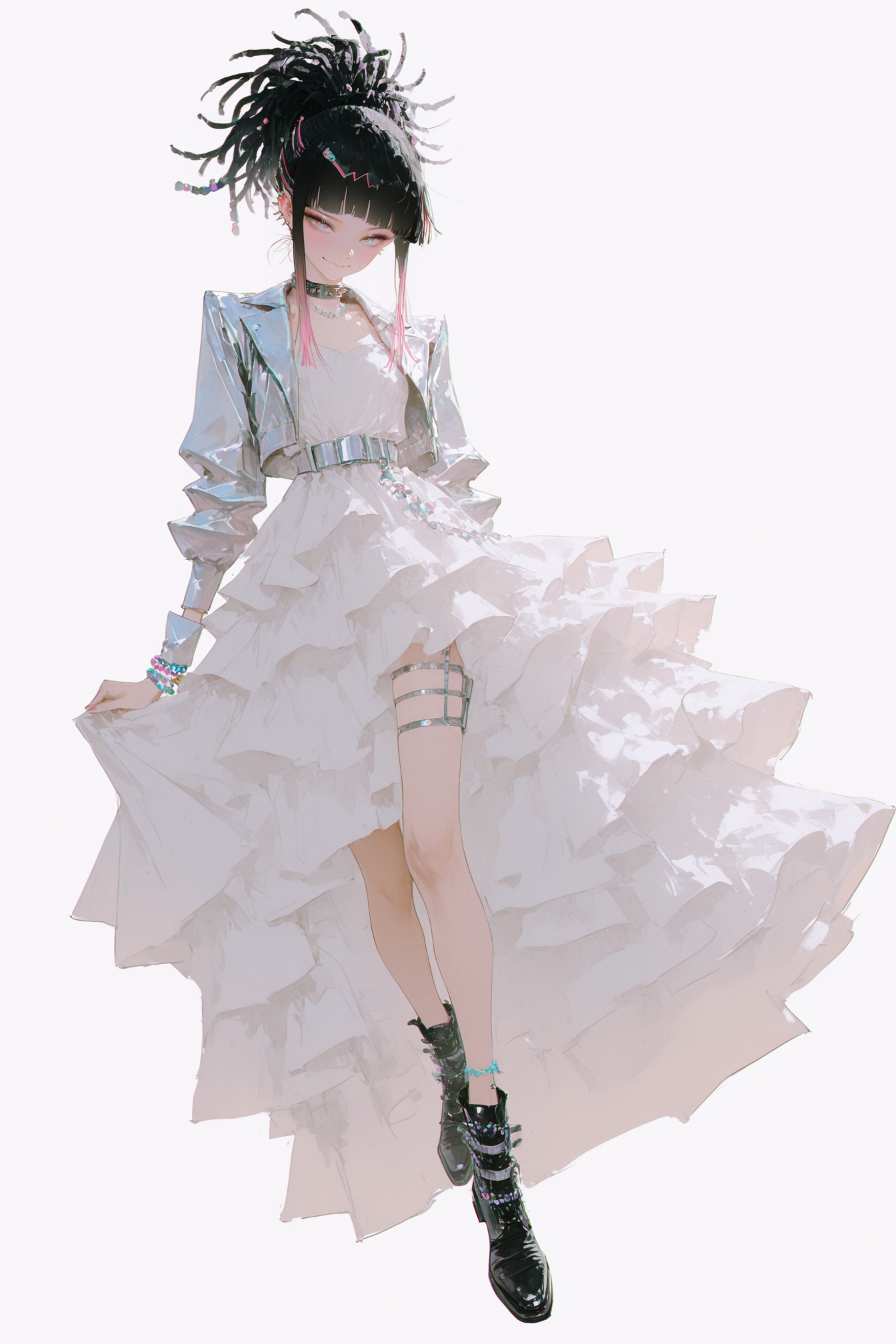 arutera, rella, (dino_(dinoartforame):0.8),   best quality, masterpiece, very awa, absurdres,  <lora:high_detailILL:0.6> high_detail, <lora:Niji_oil_painting_drawing-anime:0.8>, cyber punk style,  rebellious, and edgy, chromatic aberration, Overlayed with retro VHS static effects and glitch textures, film grain,  <lora:VHSnoise_IL:0.4> <lora:nhl-001:0.4>, dynamic shot, dynamic pose,
cool girl, solo, full body, black hair, Stylized dreadlocks, decorated with beads and colored thread, hime cut,  pink highlights, colorful hair clips, bangs above eyebrows, high ponytail, grey eyes, tongue out, Tongue piercing, wearing a voluminous white long dress, wedding gown style, puffy layered skirt, asymmetrical hemline, tulle and chiffon fabric, short jacket, leather shoes, belt on the leg