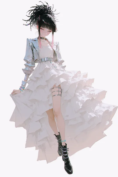 arutera, rella, (dino_(dinoartforame):0.8),   best quality, masterpiece, very awa, absurdres,  <lora:high_detailILL:0.6> high_detail, <lora:Niji_oil_painting_drawing-anime:0.8>, cyber punk style,  rebellious, and edgy, chromatic aberration, Overlayed with retro VHS static effects and glitch textures, film grain,  <lora:VHSnoise_IL:0.4> <lora:nhl-001:0.4>, dynamic shot, dynamic pose,
cool girl, solo, full body, black hair, Stylized dreadlocks, decorated with beads and colored thread, hime cut,  pink highlights, colorful hair clips, bangs above eyebrows, high ponytail, grey eyes, tongue out, Tongue piercing, wearing a voluminous white long dress, wedding gown style, puffy layered skirt, asymmetrical hemline, tulle and chiffon fabric, short jacket, leather shoes, belt on the leg