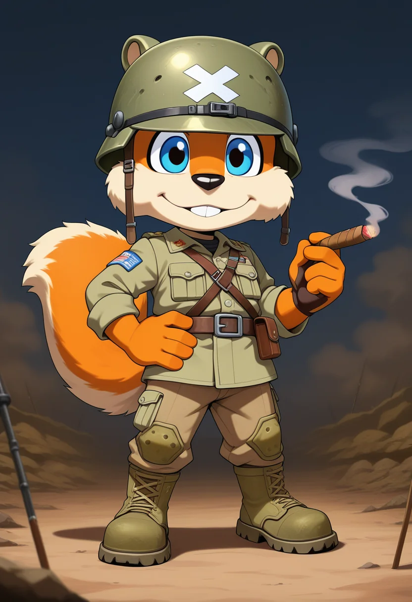 best quality, masterpiece, absurdres, newest, (official style:1.1),
<lora:Conker_The_Squirrel_-_Rare_Games:0.8> 1boy, c0nk3r, male focus, squirrel, masculine, cute, anthro, orange fur, black animal nose, furry male, buck teeth, squirrel tail, bushy tail, blue eyes, Army Grunt, army helmet, army fatigues, combat boots, brown pants, cigar, smoke, holding cigar between fingers, hand on hip,