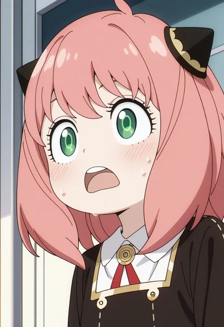 masterpiece,best quality,amazing quality, anya forger, pink hair, female child, child, green eyes, medium hair, 1girl, solo, eden academy school uniform, school uniform, sweat, open mouth, shirt, collared shirt, white shirt. meme