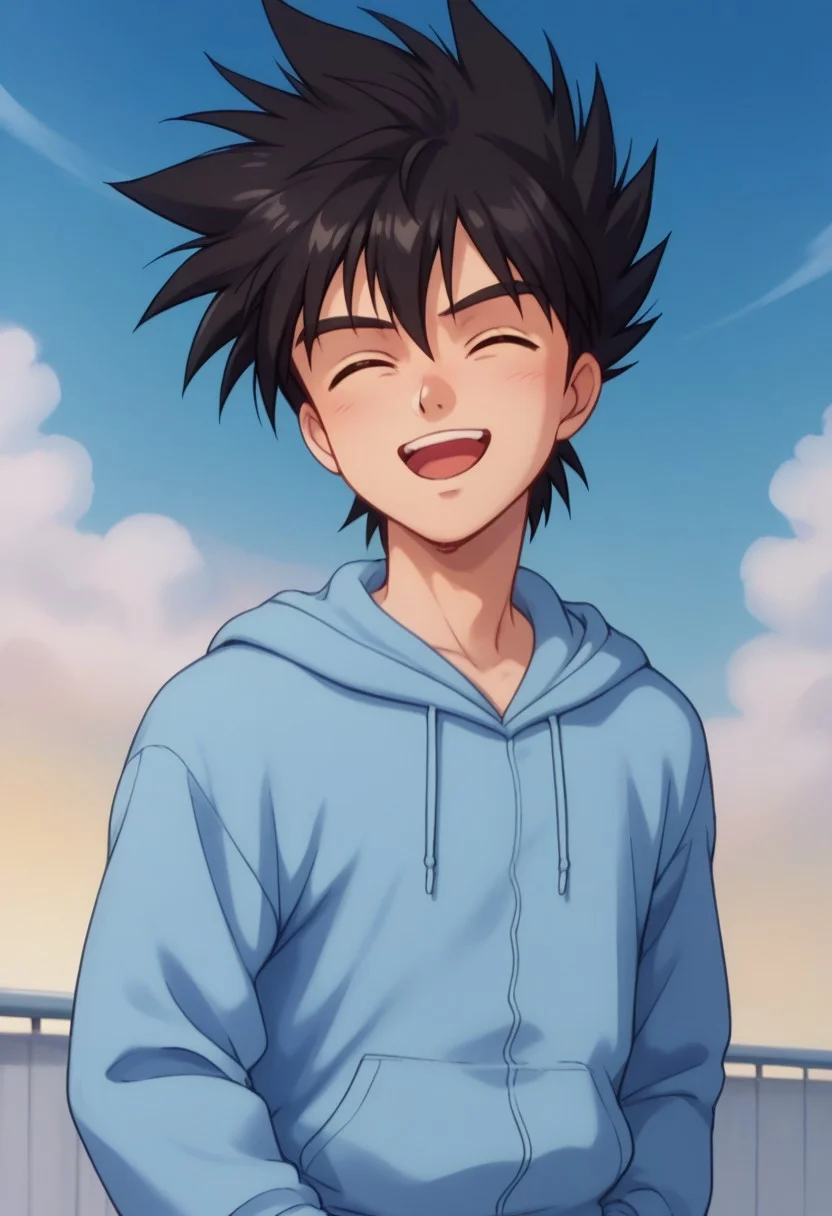 score_9, score_8_up, score_7_up, source_anime, highly detailed, 
hayatokazami, 1boy, male focus, solo, hoodie, black hair, closed eyes, spiked hair, hood, upper body, blue hoodie, smile, open mouth 
outdoor, sky,