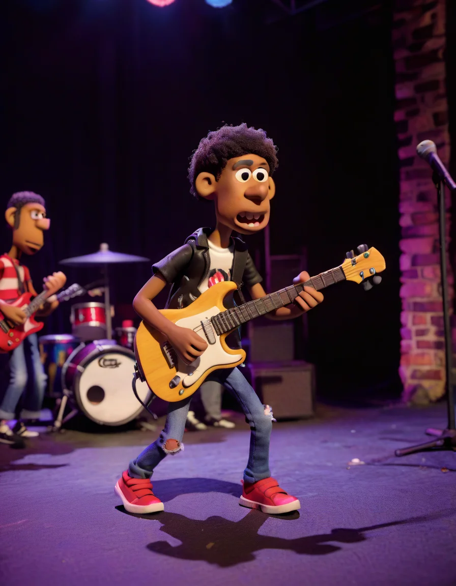 claymation, a Dominican kid playing guitar in a club, rock band, concert <lora:CLAYMATE_V2.03_:1>