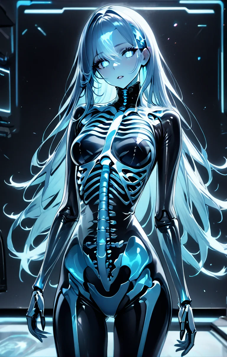 Masterpiece,absurd resolution,high quality,8k,
TranslucentVisibility, 1girl, looking at viewer, parted lips, long hair, hologram, x-ray, see-through body, translucent skin, skeleton, glowing skin, chiaroscuro, depth of field, science fiction,
 <lora:translucent_Xl:0.8>
