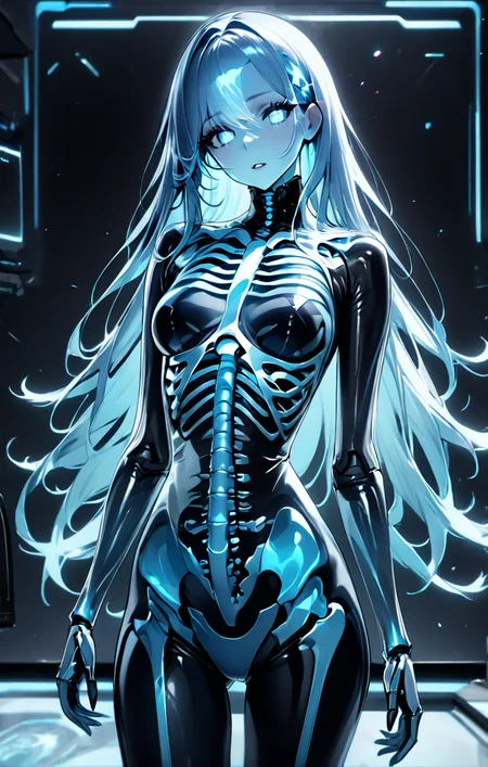 Masterpiece,absurd resolution,high quality,8k,
TranslucentVisibility, 1girl, looking at viewer, parted lips, long hair, hologram, x-ray, see-through body, translucent skin, skeleton, glowing skin, chiaroscuro, depth of field, science fiction,
<lora:translucent_Xl:0.8>
