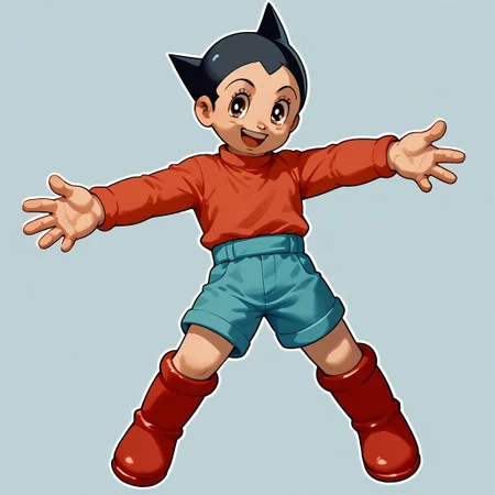 score_9, score_8_up, score_7_up, 1boy, solo, cute, happy, smiling, white outline, full-length, child-like robot, youthful expression, large almond eyes, black spiky hair, compact body, colorfull shorts, colorfull shirt, colorfull shoest, red boots, beige torso, mechanical lines, bold outlines, retro futuristic, cartoon style, resilience, innocence, strength, industrial background, powerful stance,, score_9, score_8_up, score_7_up, 1boy, solo,OsamuTezukaStyle, cute, happy, smiling, white outline, standing,, city background,
