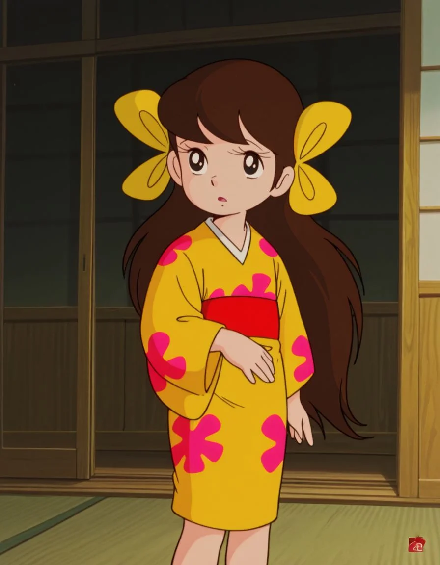 masterpiece, best quality,
<lora:Sakura:1>, saku4a, long hair, brown hair, black eyes, yellow kimono, multiple hair bows, 1980s \(style\),