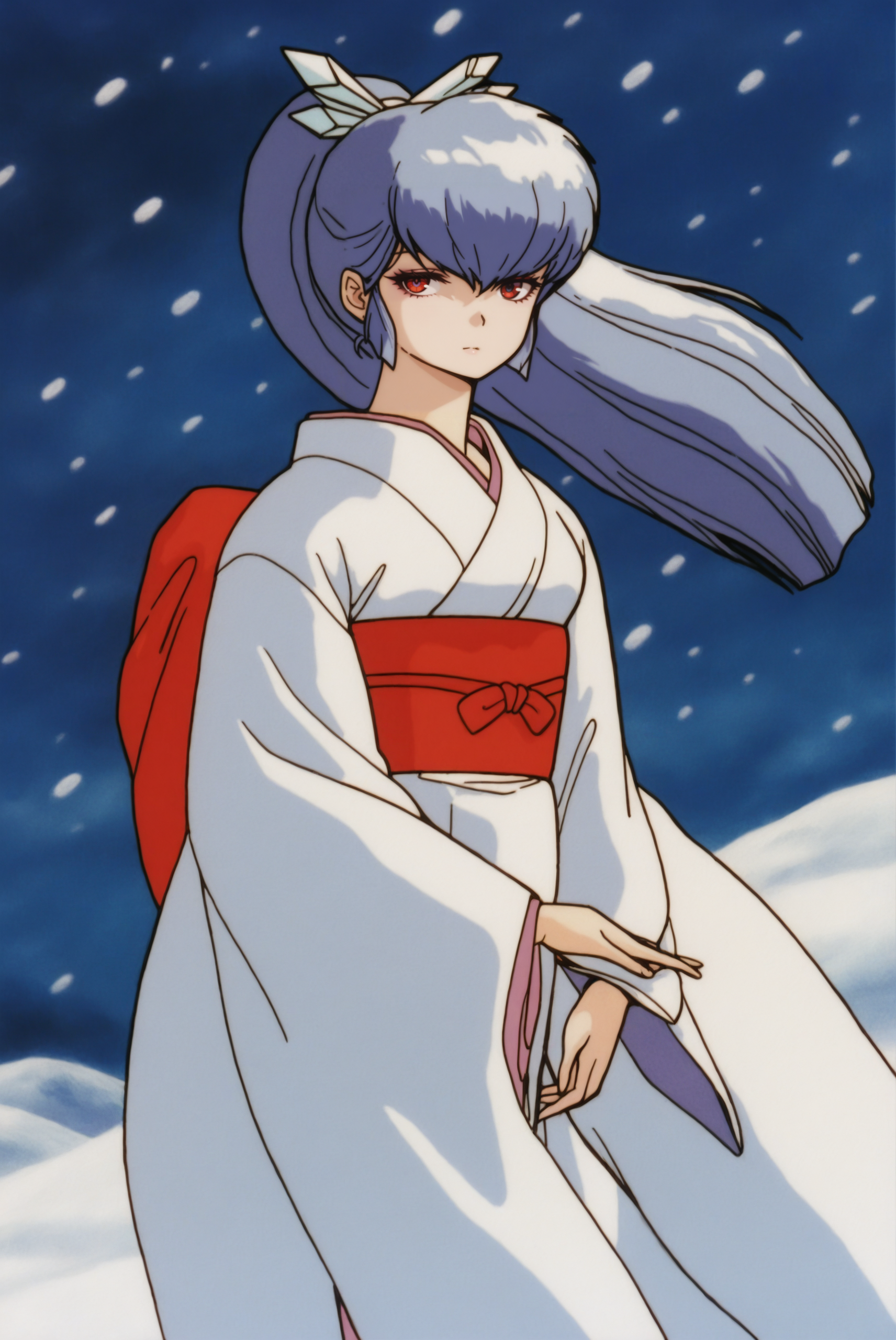 <lora:Oyuki_(1981):0.8> oyuki, long hair, light blue hair, high ponytail, bangs, hair ornament, red eyes, retro artstyle, 1980s (style), long sleeves, japanese clothes, kimono, sash, obi, white kimono, 
expressionless, wide shot, looking at viewer, (1girl:2, solo:2), 
masterpiece, best quality, very aesthetic, absurdres, amazing quality masterpiece, hyper-detailed, (8k uhd::1.4), intense atmosphere, detailed clothing, dramatic lighting, (perfect hands), detailed face, 
<lora:Kazushi Hagiwara_illustriousXL:1> retro artstyle, 1990s \(style\), traditional media
wind, blizzard, snowing, yuki onna, snow field, outdoors,