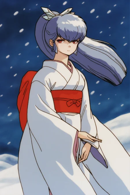 <lora:Oyuki_(1981):0.8> oyuki, long hair, light blue hair, high ponytail, bangs, hair ornament, red eyes, retro artstyle, 1980s (style), long sleeves, japanese clothes, kimono, sash, obi, white kimono, 
expressionless, wide shot, looking at viewer, (1girl:2, solo:2), 
masterpiece, best quality, very aesthetic, absurdres, amazing quality masterpiece, hyper-detailed, (8k uhd::1.4), intense atmosphere, detailed clothing, dramatic lighting, (perfect hands), detailed face, 
<lora:Kazushi Hagiwara_illustriousXL:1> retro artstyle, 1990s \(style\), traditional media
wind, blizzard, snowing, yuki onna, snow field, outdoors,