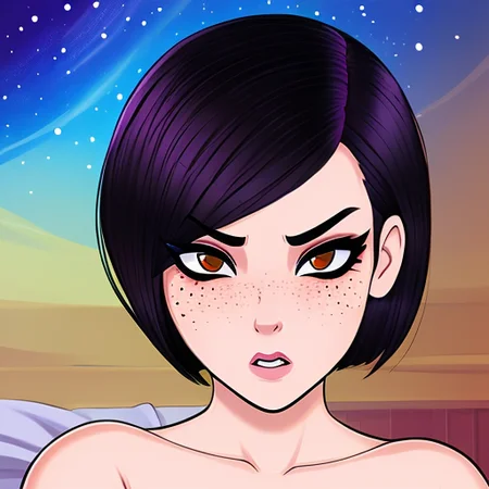 portait of ((stunningly attractive)) girl in bed, ((perfect femine face)), (+freckles) (+busty) (+short hair), intricate, 8k, artstation, highly detailed, digital painting, intense, sharp focus