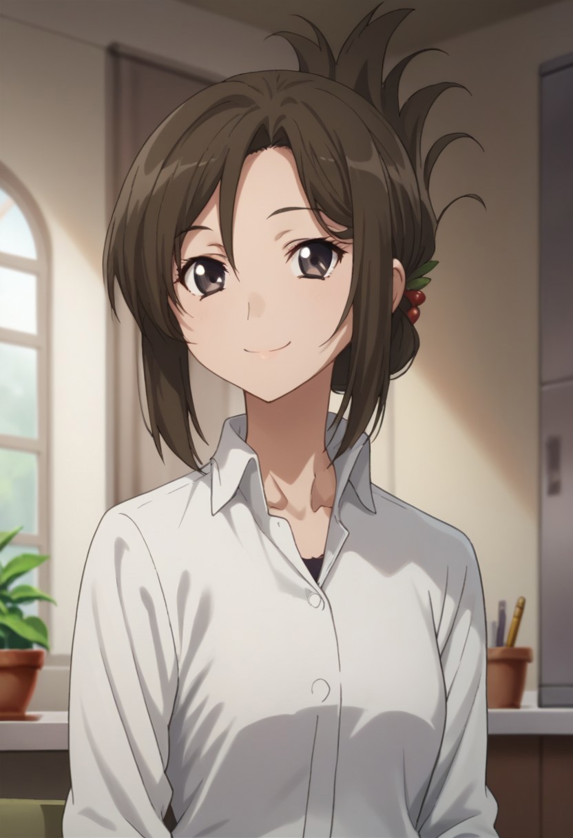 score_9, score_8_up, score_7_up, source_anime, highly detailed, 
YorikoYasaka, 1girl, solo, hair ornament, brown hair, brown eyes, shirt, folded ponytail, white shirt, pencil skirt, upper body,
indoor, house, japan, smile