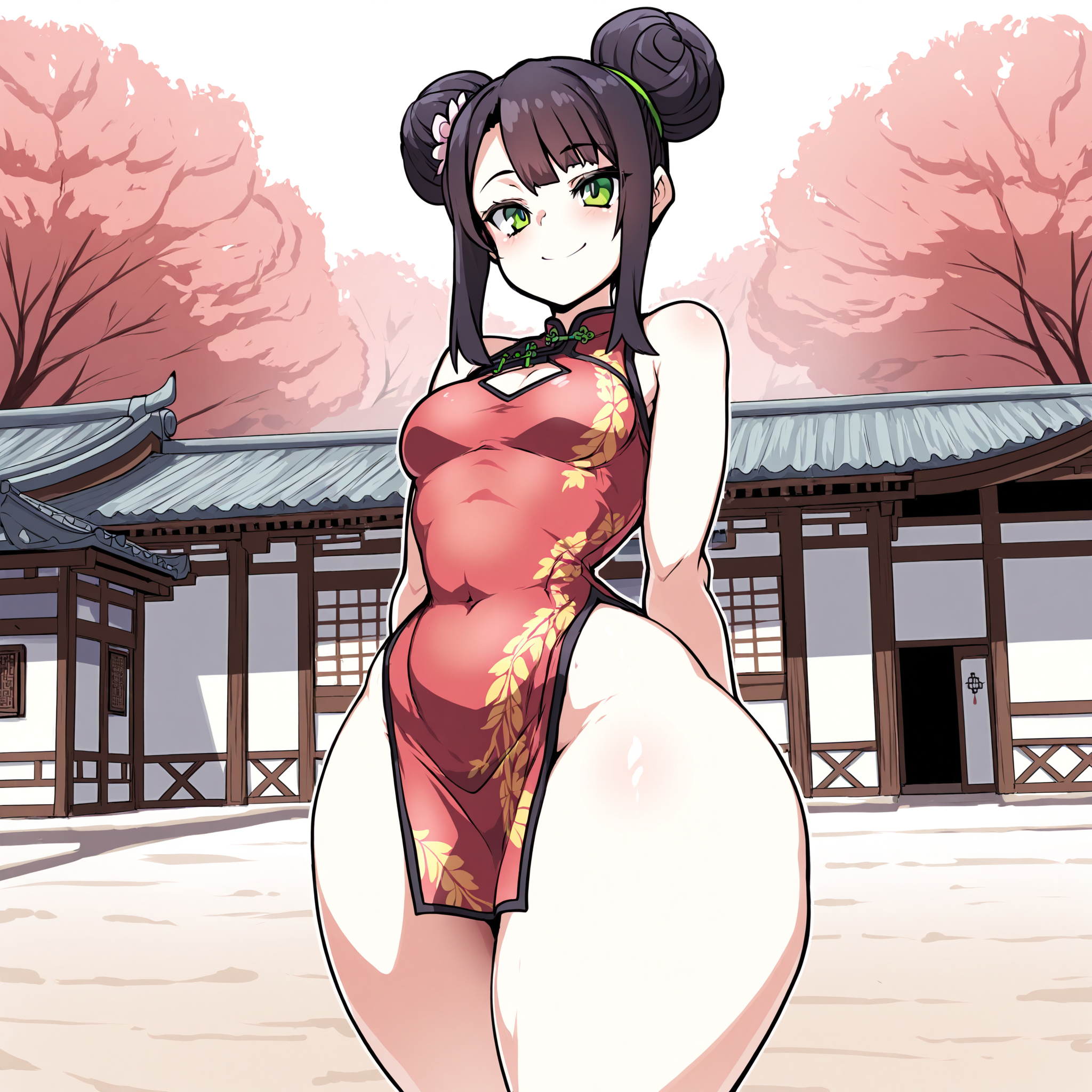 (masterpiece), best quality, (highly detailed), 1female, solo, <lora:Lazy_Ant_style_Illustrious:0.8>, red chinese dress, black hair, hair buns, green eyes, small breasts, thick thighs, wide hips, village, smile, plump,