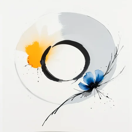 <lora:Expressive_Watercolor_Ink_washSDXL:1> ArsMJStyle, Expressive Watercolor Ink Wash, The image is an abstract painting with a white background. In the center of the image there is a black circle with a blue flower in the middle. The flower is made up of multiple layers of blue and gray colors with the blue layer on the left side and the gray layer in the center. The blue layer is slightly larger than the orange layer creating a contrast between the two colors. The black circle is curved and has a few splashes of orange and yellow paint scattered around it. The overall style of the painting is modern and minimalistic., no humans, flower, white background, simple background, still life, traditional media, blue flower
