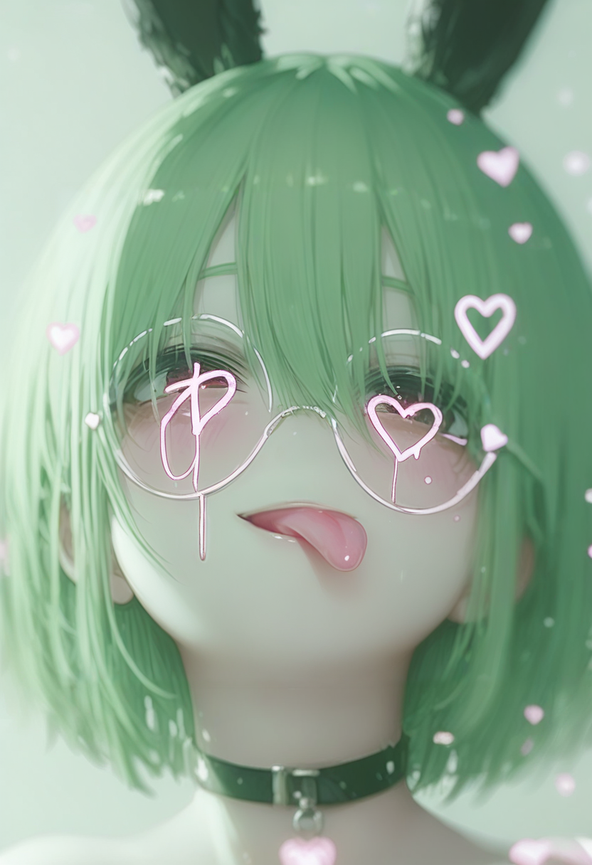 1girl, tongue out, tongue, solo, animal ears, rabbit ears, choker, glasses, round eyewear, green hair, short hair, looking at viewer, hair between eyes, portrait, heart, blurry, bangs, :p, black choker <lora:748cmXL_NB11_lokr_V6311P:0.95>
