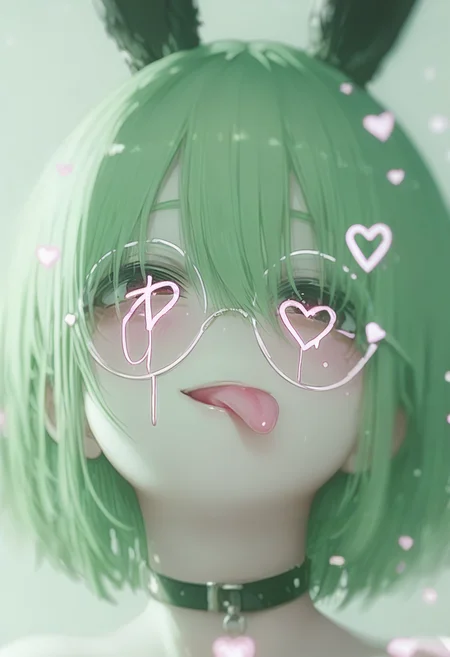 1girl, tongue out, tongue, solo, animal ears, rabbit ears, choker, glasses, round eyewear, green hair, short hair, looking at viewer, hair between eyes, portrait, heart, blurry, bangs, :p, black choker <lora:748cmXL_NB11_lokr_V6311P:0.95>