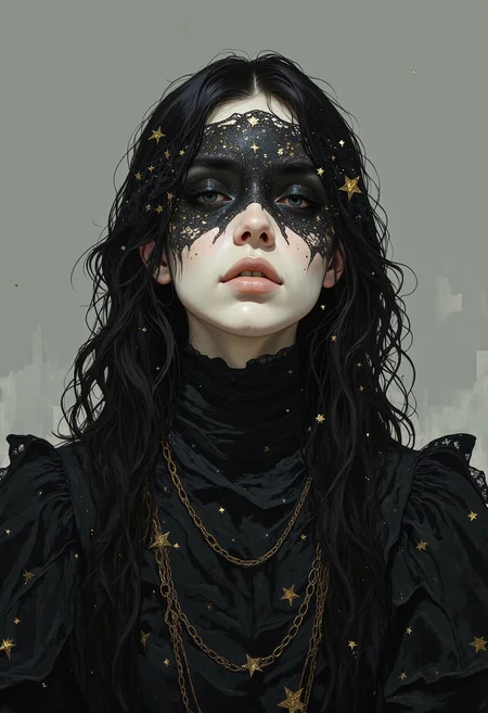 A mysterious female figure with pale white skin and no visible eyebrows. Her eyes are hidden behind a black lace veil adorned with gold stars of varying sizes. Her long, wavy black hair frames her face and falls down her shoulders. Her lips are full, painted a soft matte white. She is dressed in a layered, intricately detailed black gown decorated with tiny golden stars and delicate chains. The image captures her from the front, focusing on the upper half of her body. The lighting is soft, creating a mystical and somber atmosphere. The background is a smooth, grayish gradient with no distinct elements, giving the image a minimalistic and surreal feel. <lora:FLUX-daubrez-DB4RZ:0.83> DB4RZ, DB4RZ style painting, <lora:ILLUSTRATION_2_FLUX v2:0.53> <lora:Fantastic Realism - s0_8 g4:0.43> f4nt4st1c,
