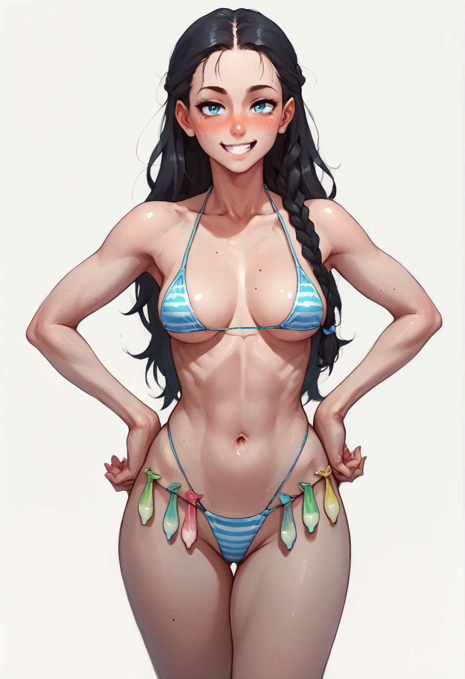 1 girl,  view from front, 
standing, hands on own hips, 
looking at the viewer, smile, blush,
braid, long hair, black hair,
medium breasts, narrow waists, wide hips,
striped bikini, string bikini, 
condom belt, 
white background, simple background,
 <lora:Concept_XL_Pony_Condom_Belt:1> <lora:01lXLP:1> 01l, score_9, score_8_up, score_7_up, score_6_up, score_5_up, score_4_up,