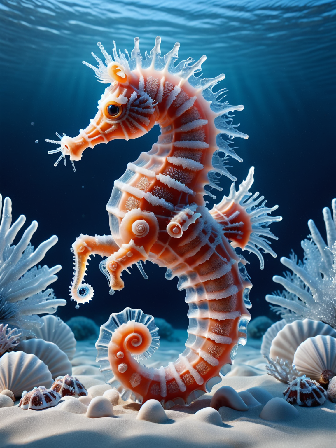A playful seahorse made of ais-icebaby, frolicking through a coral reef of ais-icebaby sea urchin shells. <lora:Ice_Style_SDXL:1>