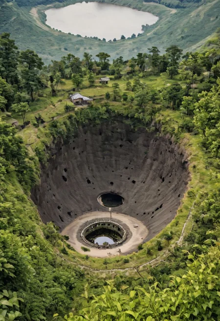 arafed view of a large crater with a walkway in the middle, real life totoro, beautiful hd, everything enclosed in a circle, hou china, pacal votan, looming over the earth, well - decorated, huge black round hole, ivy, solar, <hd, ad, top