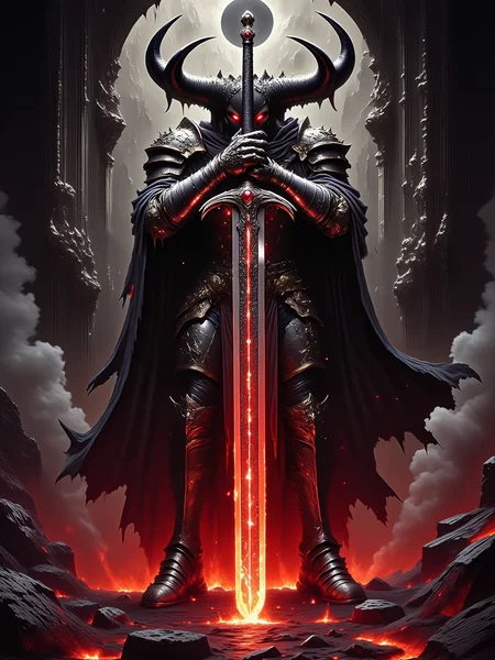 highly detailed dark fantasy digital painting, low-angle shot with a symmetrical composition, the scene shows a towering, faceless demon knight standing imposingly before a massive infernal portal, facing the viewer, his broad, curved horns are perfectly symmetrical, the demon wields a legendary, awe-inspiring magic greatsword in one hand, the bladeâs crossguard and pommel are encrusted with fiery, glowing rubies that pulse with infernal energy, bright orange-red sparks fly from where the greatsword touches the volcanic ground, the demon's piercing crimson eyes burn with intense focus as they lock onto the viewer, his dark, intricately engraved armor is forged from infernal metal, each piece meticulously crafted, exuding an ominous and powerful aura, a dark, tattered cape billows behind him, adding to his menacing presence, in the background, the massive infernal portal looms, surrounded by intricate carvings and ancient, faintly glowing runes etched into the stone, dim red light seeps through cracks, illuminating the portal and casting an eerie glow on the scene, the fiery, dim lighting of the scene enhances the dramatic contrasts, as glowing sparks float through the air, subtle shadows and smoky tendrils rise around his feet, faint reflections from lava flows cast across the jagged rocks, illuminating the intricate engravings of his armor and the fierce, supernatural quality of his form, hkstyle, holding sword, wearing armor, celestium style, arsmjstyle, dnddarkestfantasy, <lora:fantasy_knights-v2-flux-by_hailoknight:0.96> <lora:style-celestium-v0.1-flux-by_sterlingangel:0.52> <lora:style-dnd_dark_fantasy-flux-by_arsmachina:0.68> <lora:image_enhancer-flux-by_dever:0.8>