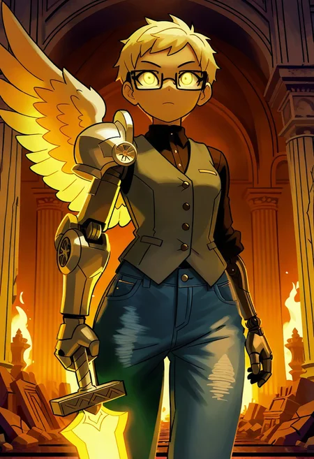 masterpiece, best quality, perfect anatomy, very aesthetic, ozoneserpent, 1boy, male, solo, very short hair, brown hair, blonde hair, yellow eyes, under-rim eyewear, Rectangular Eyewear, black shirt, grey vest, buttons, denim pants, single stone mechanical arm, stone pauldron, grey single wing, stone sword, glowing sword,
BREAK,
pillar, ruins, library, fire, orange theme, statueglow, 3d, Three-Quarter View