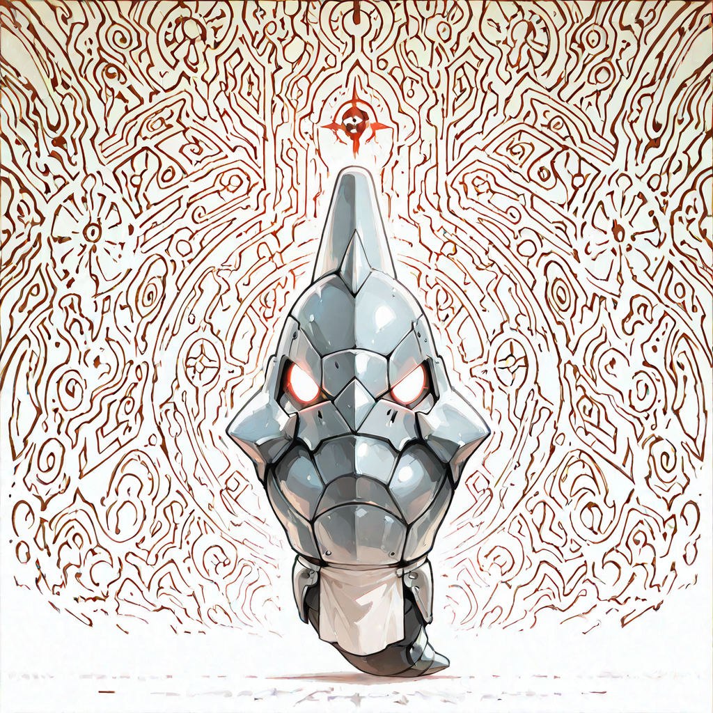 (masterpiece), (best quality), (ultra-detailed), metapod, Alphonse Elric, helmet, armor, no hands, no arms, no legs, no feet, no shoulders, mecha, white glowing eyes without pupil, a long white ribbon on the top of the helmet, breastplate, white loincloth with red Flamel symbol, spikes, leather patch, anime, artwork, Fullmetal Alchemist, in the background is a symmetric black huge marble door, the Gate of Truth, door carved with alchemical symbols in abstract designs, illustration, perfect composition, intricate details