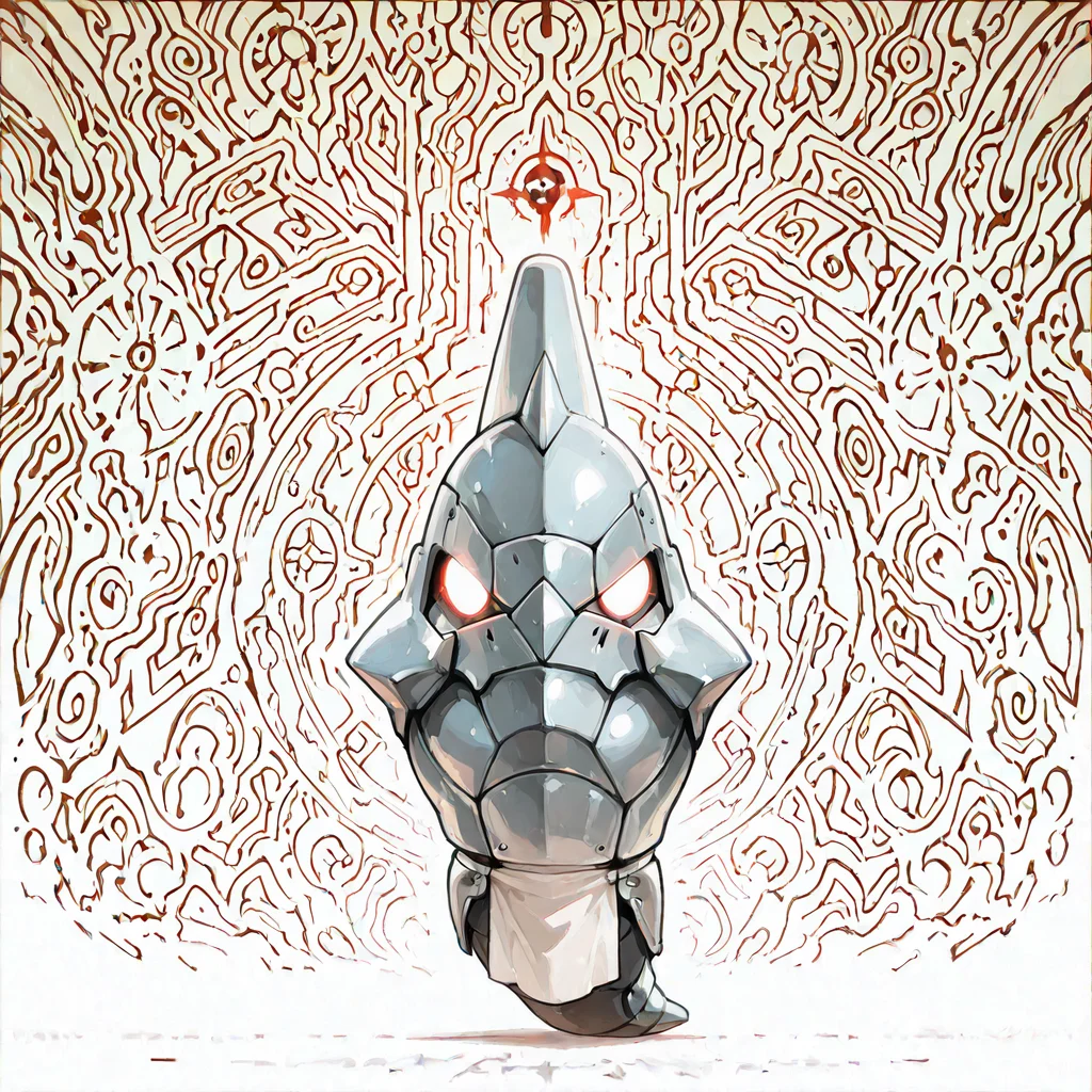 (masterpiece), (best quality), (ultra-detailed), metapod, Alphonse Elric, helmet, armor, no hands, no arms, no legs, no feet, no shoulders, mecha, white glowing eyes without pupil, a long white ribbon on the top of the helmet, breastplate, white loincloth with red Flamel symbol, spikes, leather patch, anime, artwork, Fullmetal Alchemist, in the background is a symmetric black huge marble door, the Gate of Truth, door carved with alchemical symbols in abstract designs, illustration, perfect composition, intricate details