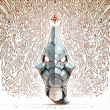 (masterpiece), (best quality), (ultra-detailed), metapod, Alphonse Elric, helmet, armor, no hands, no arms, no legs, no feet, no shoulders, mecha, white glowing eyes without pupil, a long white ribbon on the top of the helmet, breastplate, white loincloth with red Flamel symbol, spikes, leather patch, anime, artwork, Fullmetal Alchemist, in the background is a symmetric black huge marble door, the Gate of Truth, door carved with alchemical symbols in abstract designs, illustration, perfect composition, intricate details
