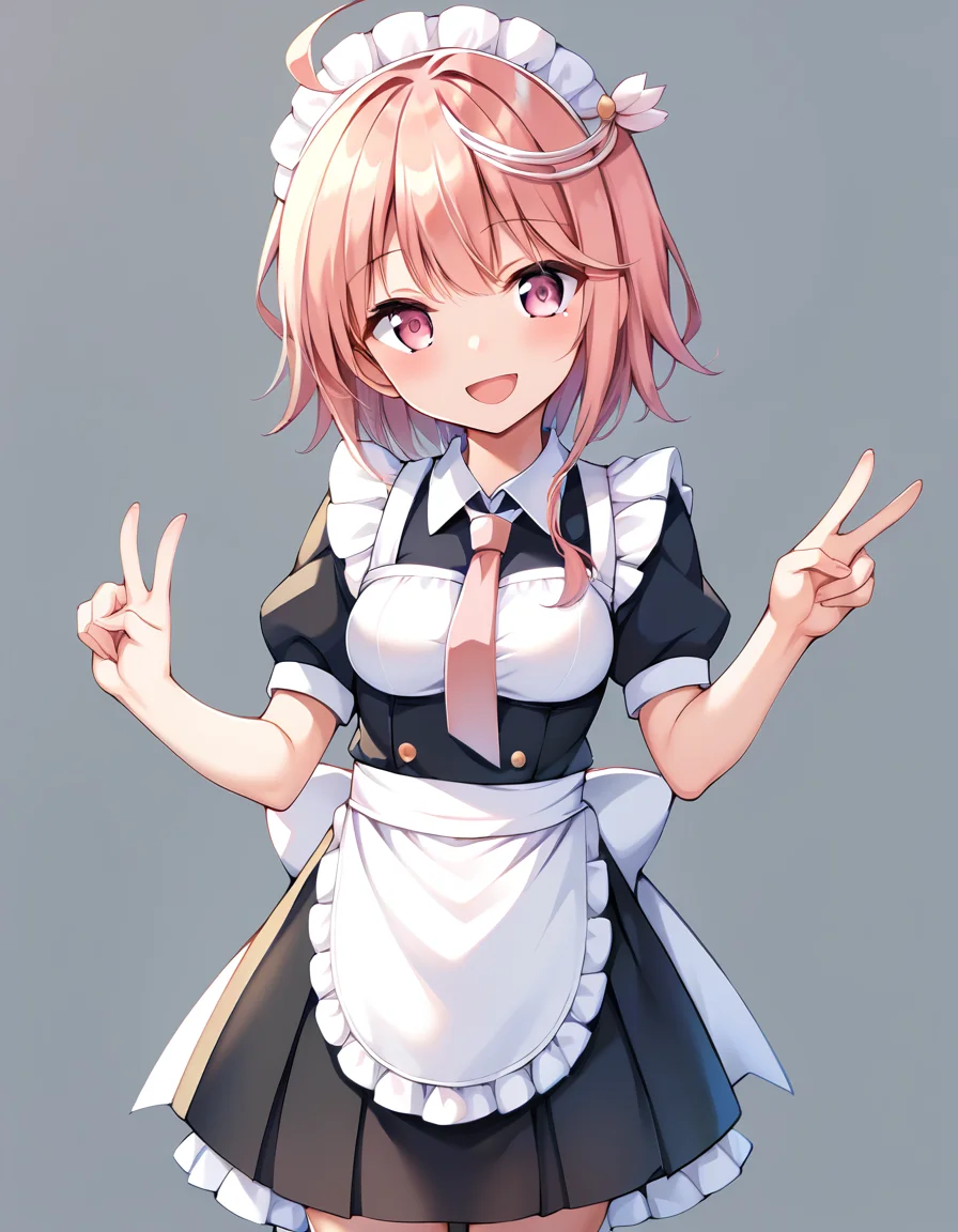 score_9, score_8_up, score_7_up, score_6_up, score_5_up, score_4_up, source_anime, rating:general,
BREAK,
1girl, solo, standing, simple background, looking at viewer, smile, open mouth, v,
<lora:i-58_kancolle_pony_v1:1> i-58 \(kancolle\), pink hair, short hair, pink eyes, maid,