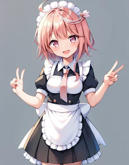 score_9, score_8_up, score_7_up, score_6_up, score_5_up, score_4_up, source_anime, rating:general,
BREAK,
1girl, solo, standing, simple background, looking at viewer, smile, open mouth, v, 
 <lora:i-58_kancolle_pony_v1:1>  i-58 \(kancolle\), pink hair, short hair, pink eyes, maid,