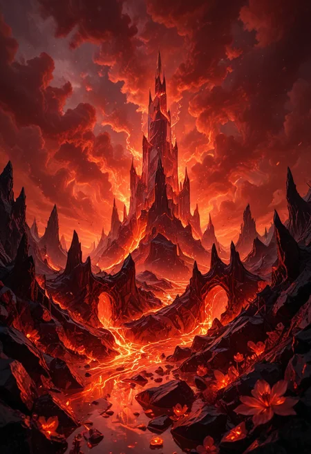 (8k landscape photography:1.2) an massive shiny crystal glass tower in an ethereal hell landscape surrounded by glowing flower crystals, a red sky,cloudy sky